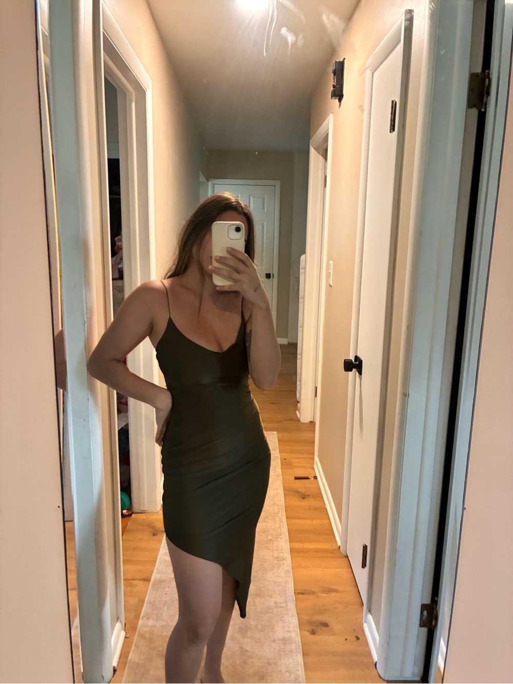 Windsor Olive Asymmetrical Slip Dress